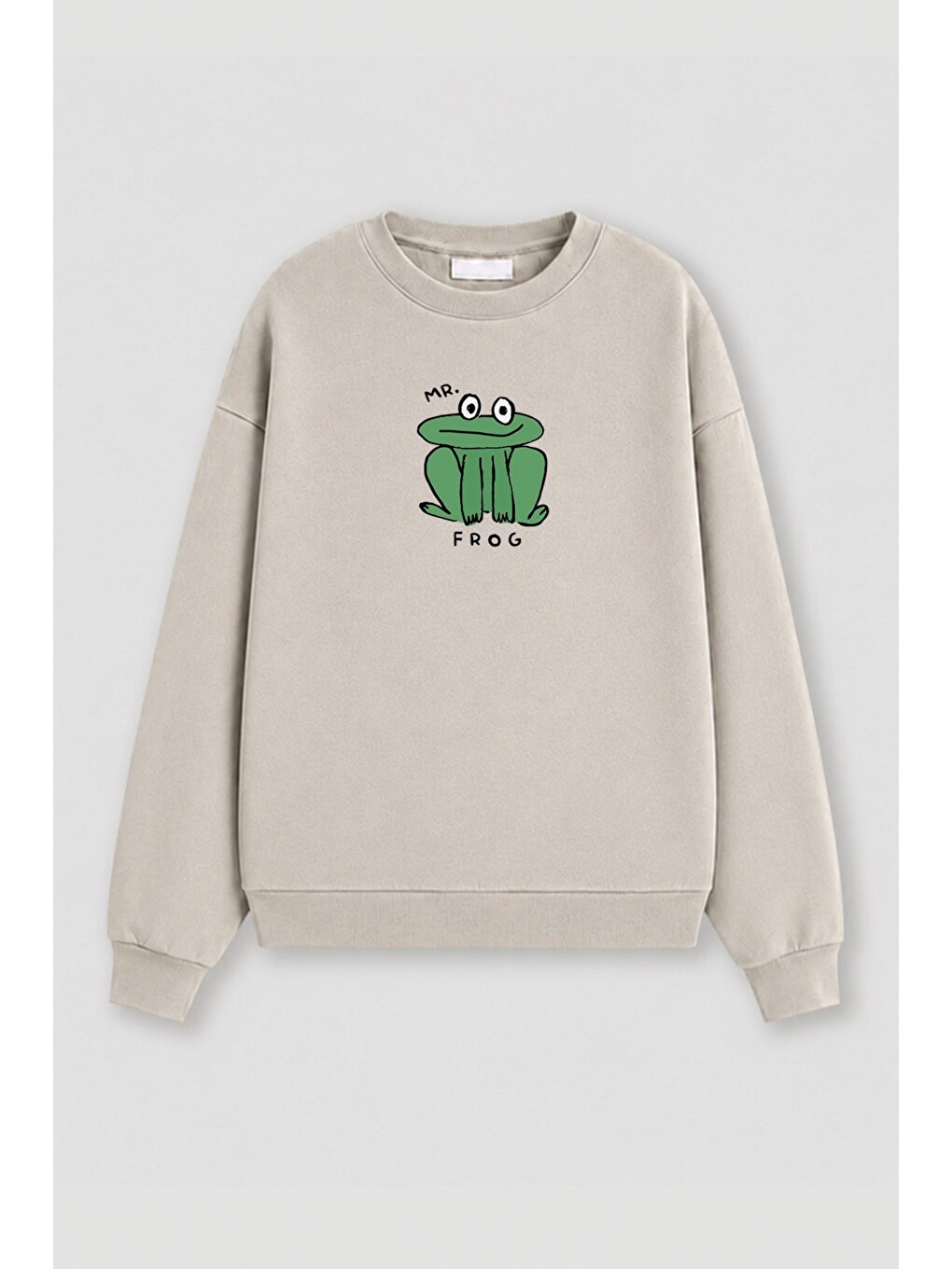 Bej Kadın Premium Kumaş 3 İplik Şardonlu Kurbağa Baskılı Sweatshirt-1