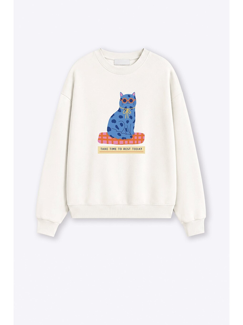 Ekru Kadın Premium Kumaş 3 İplik Şardonlu Kedi Baskılı Sweatshirt-1