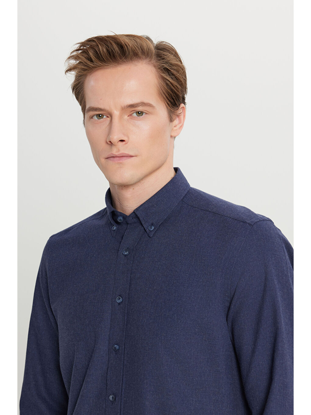 Erkek Lacivert Pamuklu Slim Fit Dar Kesim Düğmeli Yaka Diagonal Desenli Flanel Gömlek-3