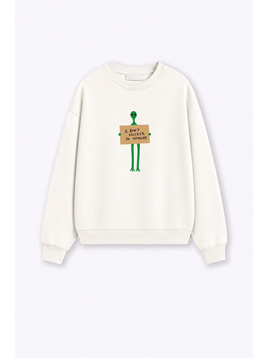 Ekru Kadın Premium Kumaş 3 İplik Şardonlu Uzaylı Baskılı Sweatshirt-1