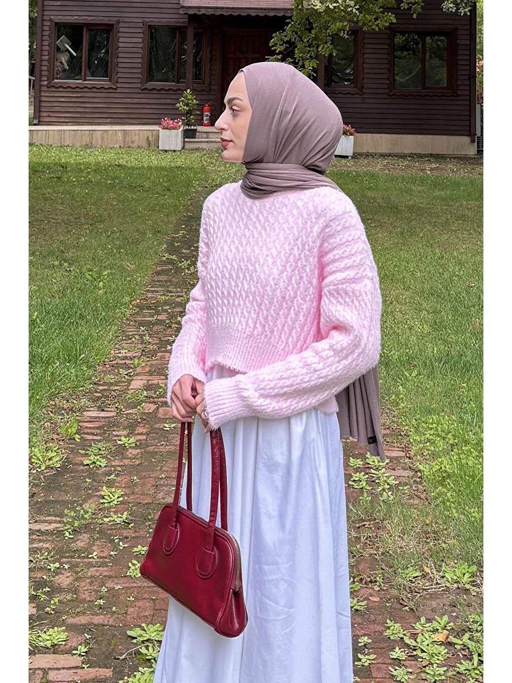 Pembe Crop Triko Kazak Pudra-1