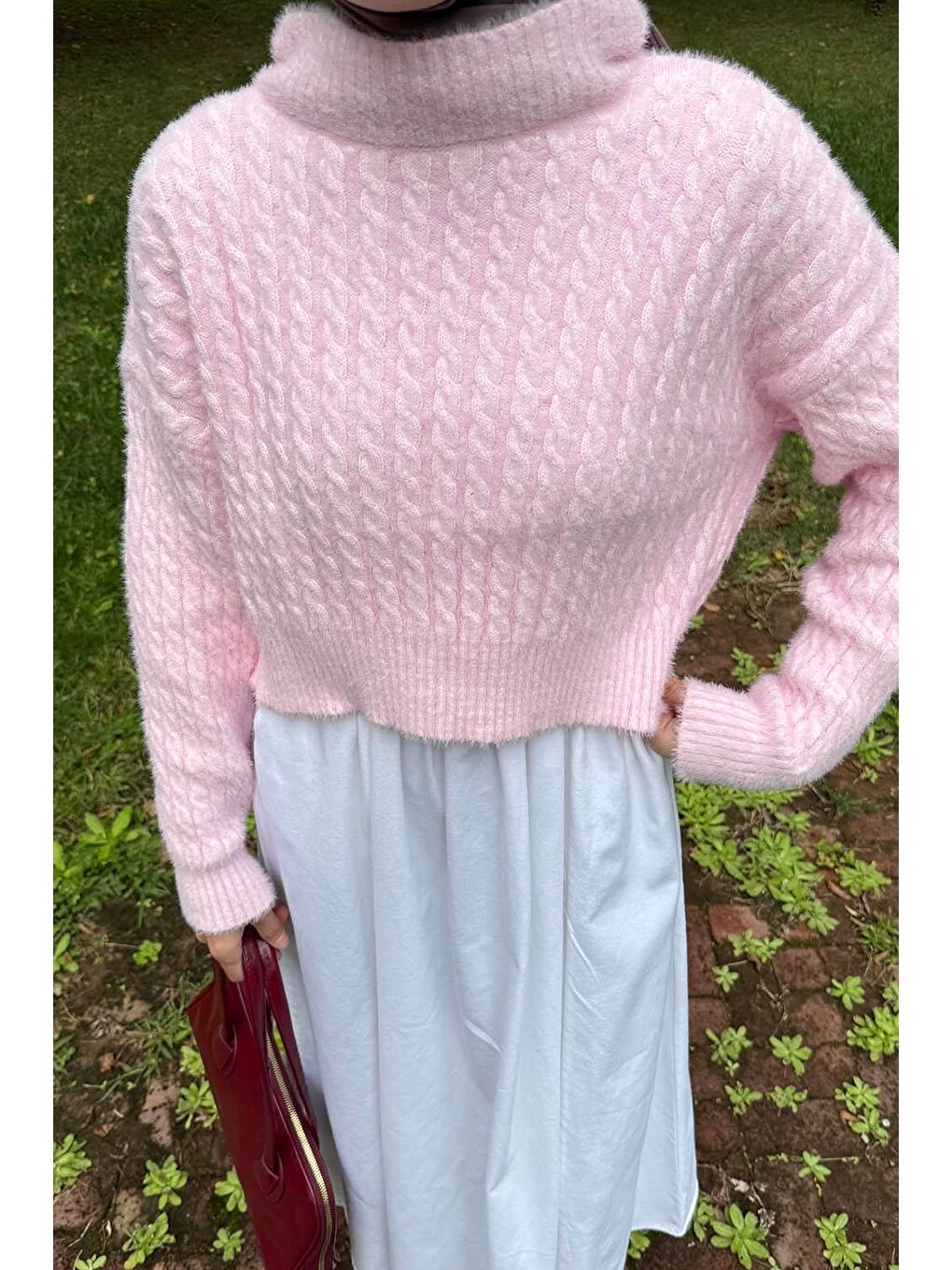 Pembe Crop Triko Kazak Pudra-2