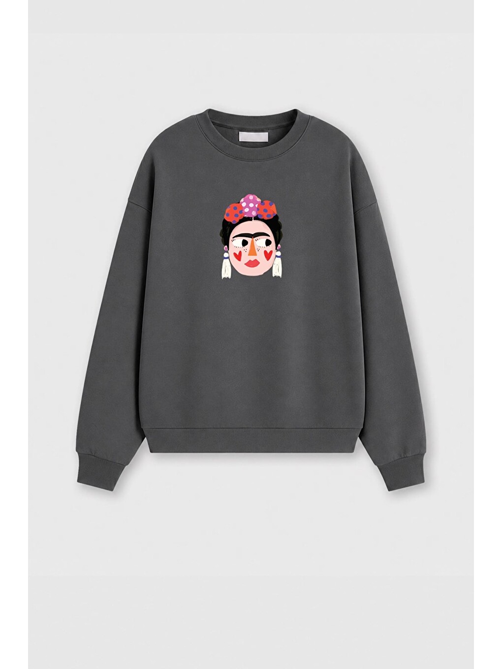 Antrasit Kadın Premium Kumaş 3 İplik Şardonlu Frida Baskılı Sweatshirt-1