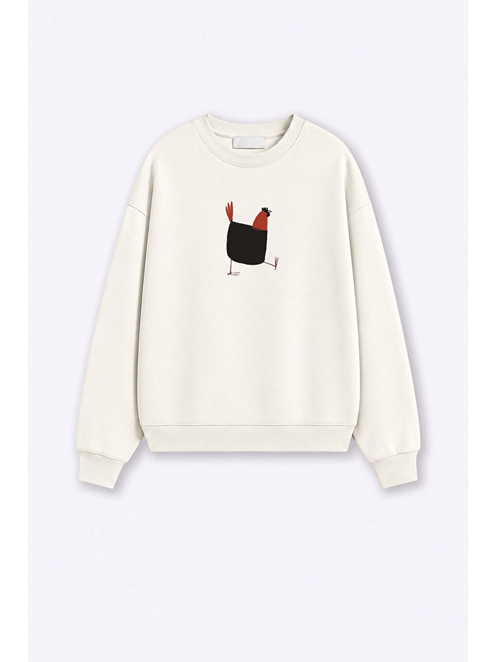 Ekru Kadın Premium Kumaş 3 İplik Şardonlu Tavuk Baskılı Sweatshirt-1