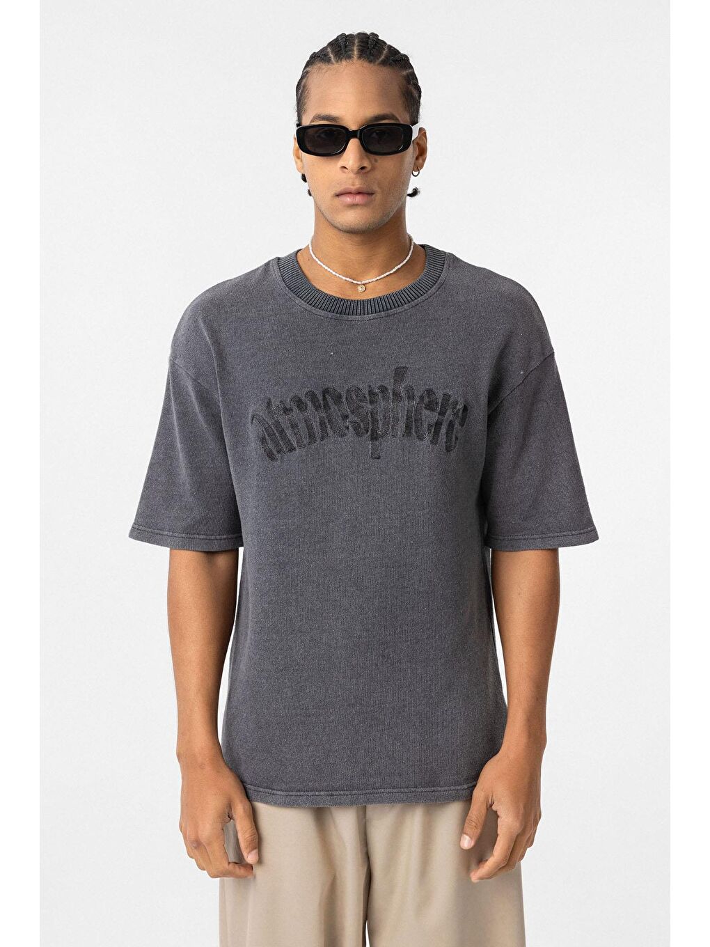 Yıkamalı Oversize Baskılı Tişört Siyah-2