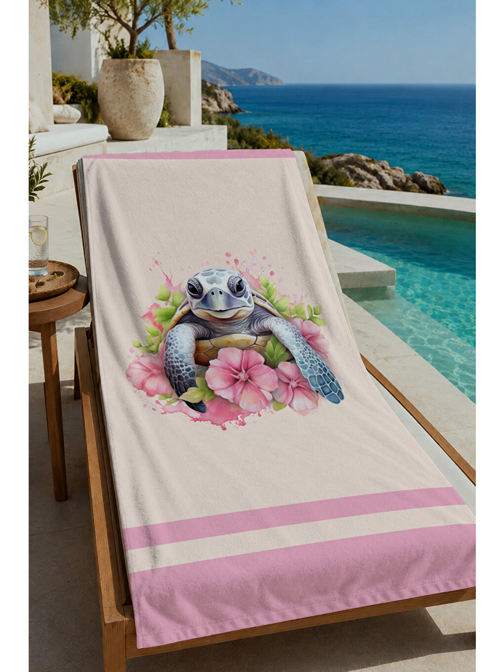 Gri Pembe Çiçekli Sevimli Fil Desenli 70x150 Cm Dijital Baskılı Plaj Ve Banyo Havlusu