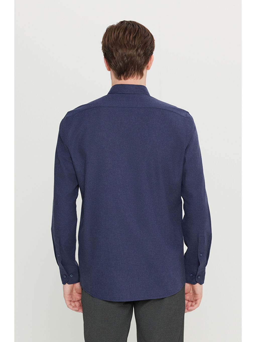 Erkek Lacivert Pamuklu Slim Fit Dar Kesim Düğmeli Yaka Diagonal Desenli Flanel Gömlek-4
