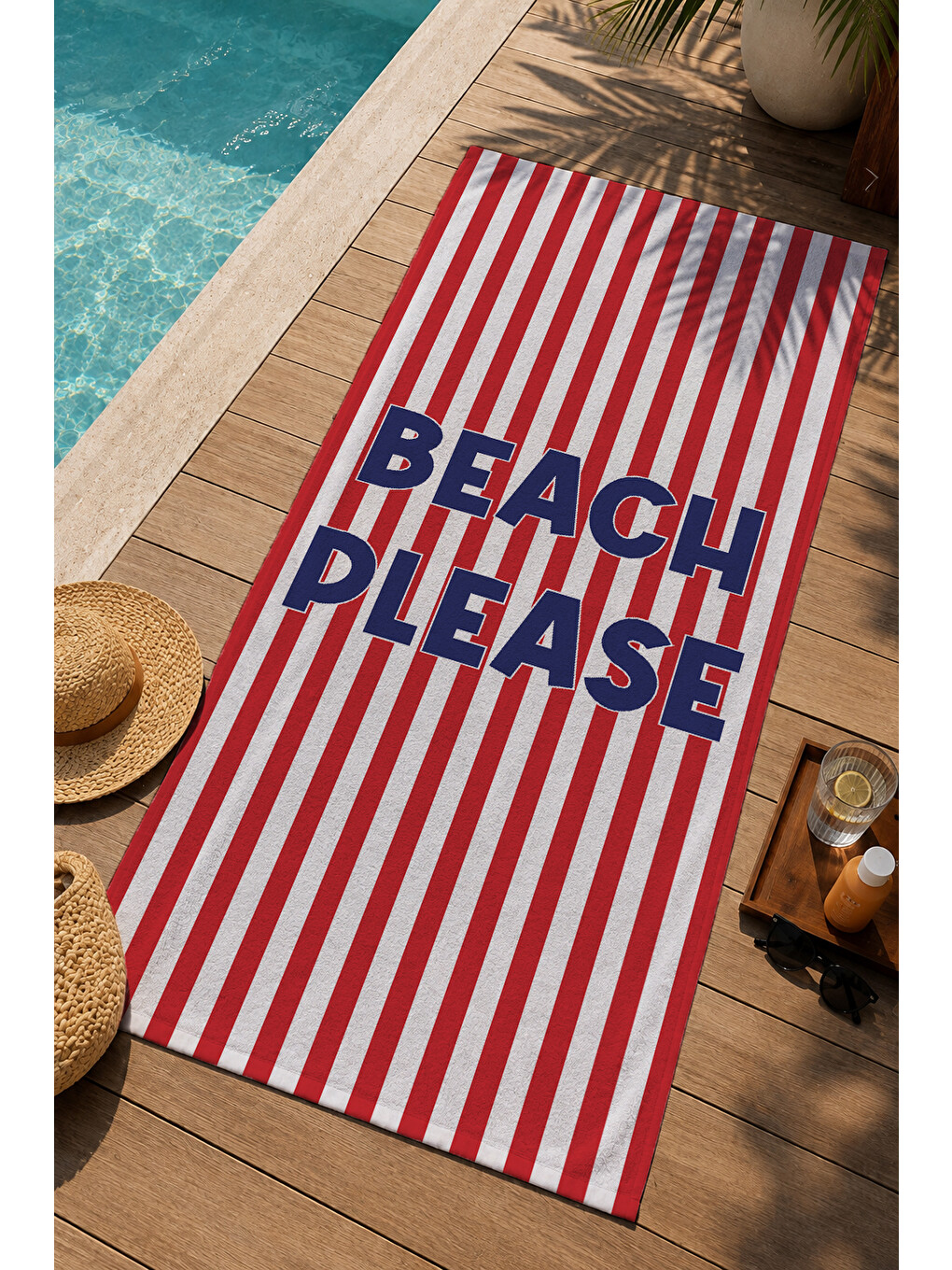 Milbay Grup Kırmızı Beyaz Çizgili Beach Please Yazılı 70x150 Cm Dijital Plaj Ve Banyo Havlusu-37325-2