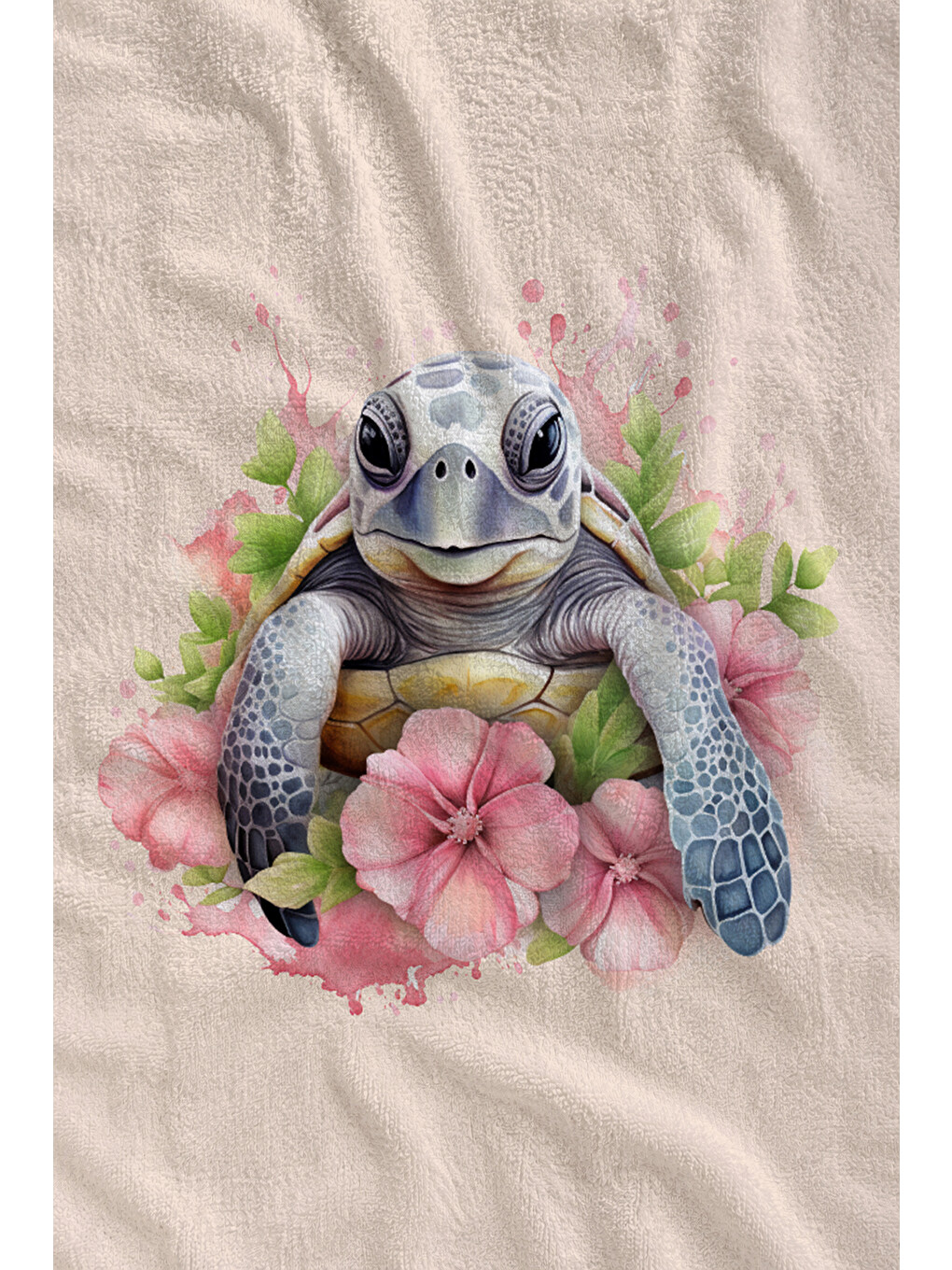 Gri Pembe Çiçekli Sevimli Fil Desenli 70x150 Cm Dijital Baskılı Plaj Ve Banyo Havlusu-1