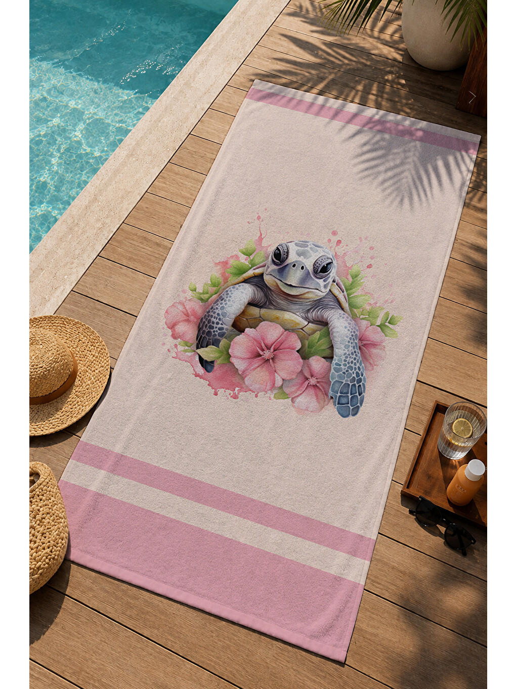 Gri Pembe Çiçekli Sevimli Fil Desenli 70x150 Cm Dijital Baskılı Plaj Ve Banyo Havlusu-2