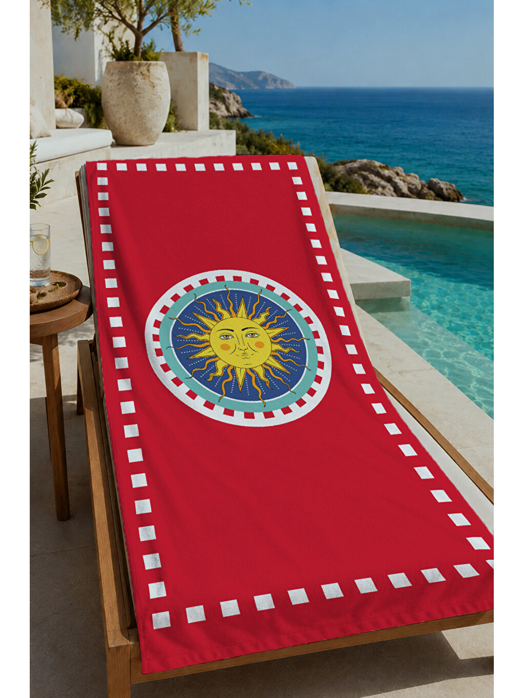 Kırmızı Beyaz Retro Güneş Amblem Desenli 70x150 Cm Dijital Baskılı Plaj Ve Banyo Havlusu