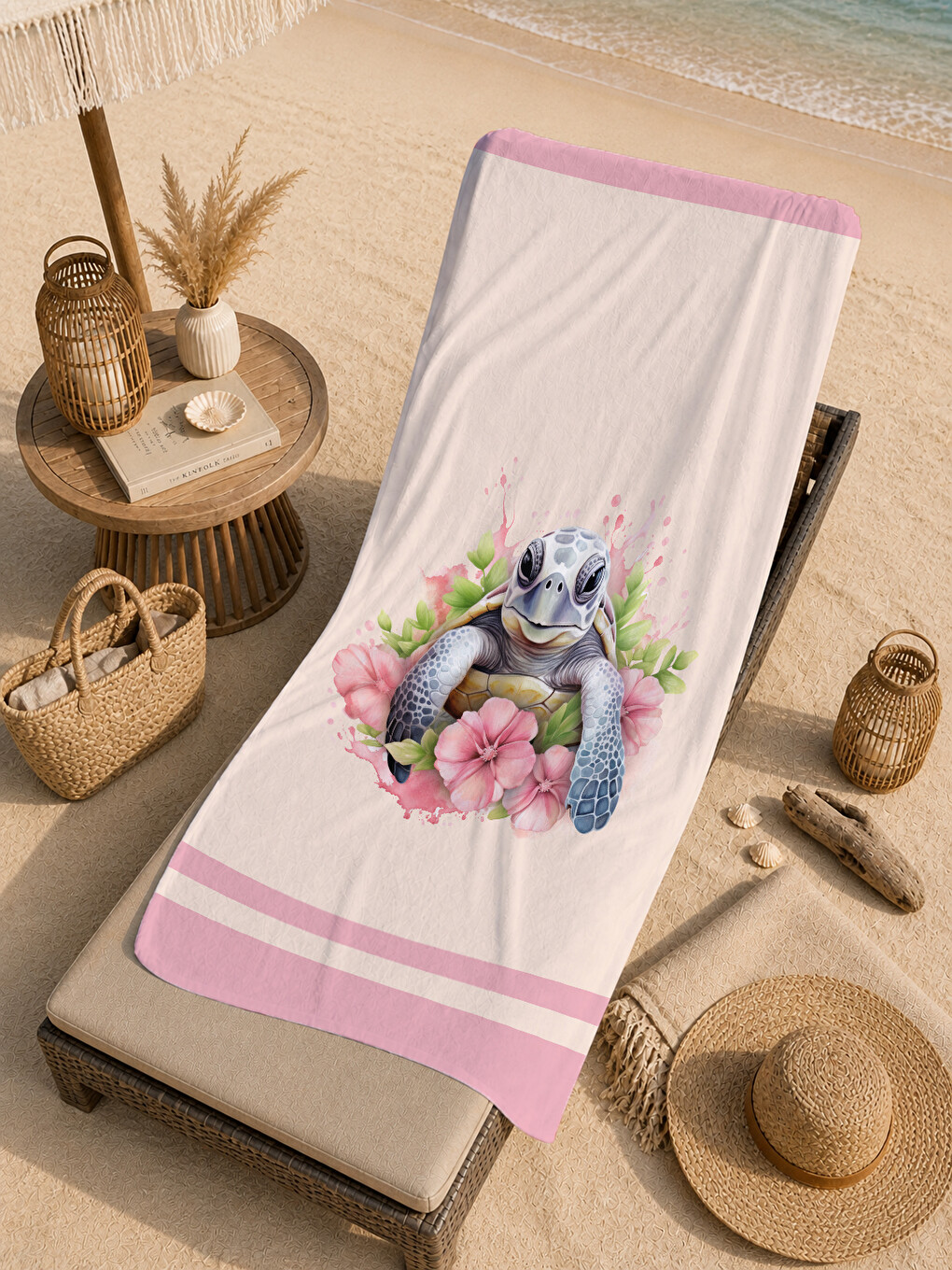 Gri Pembe Çiçekli Sevimli Fil Desenli 70x150 Cm Dijital Baskılı Plaj Ve Banyo Havlusu-4