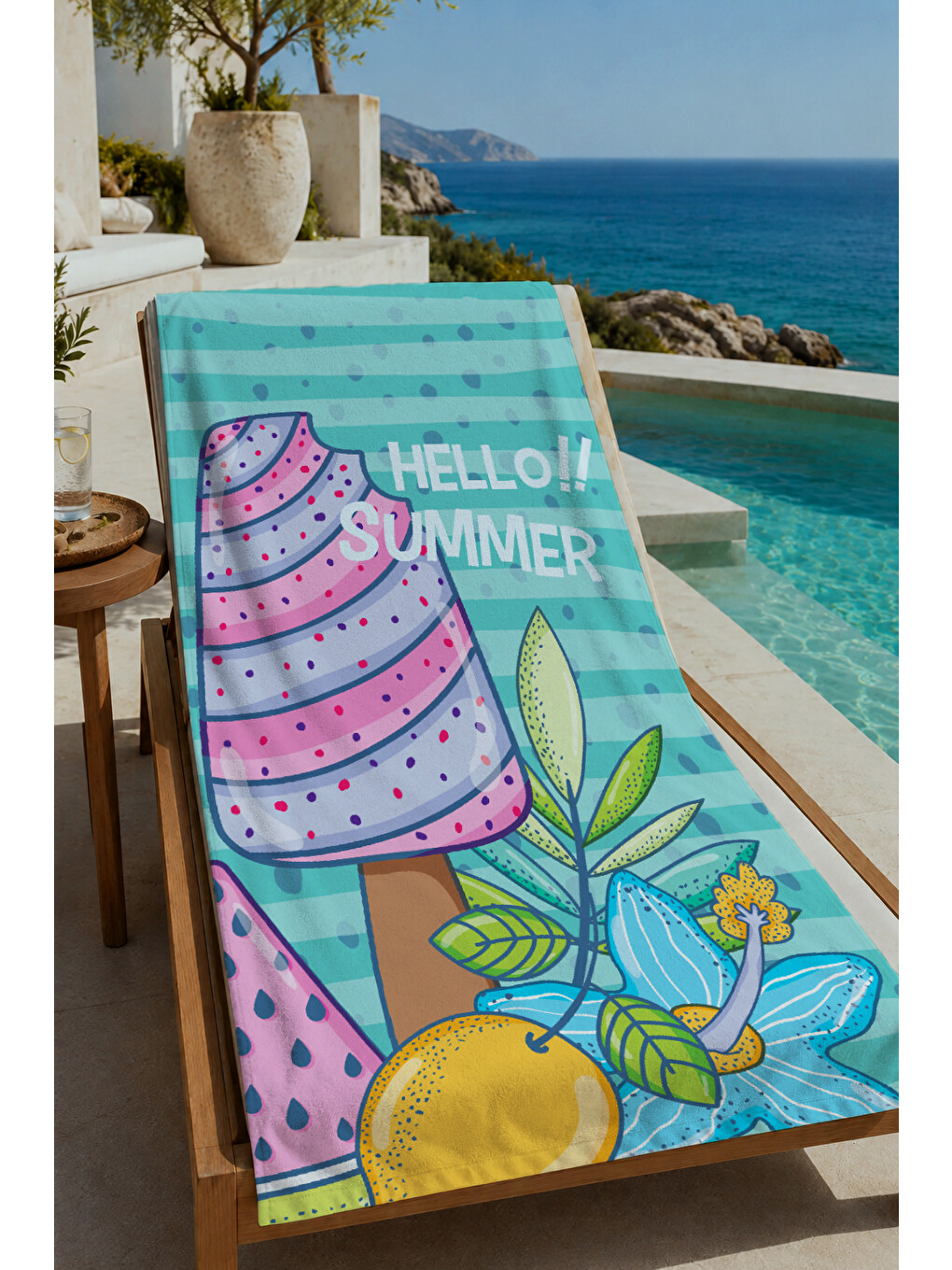 Turkuaz Surf Tahtası Ve Yaz Motifleri Desenli 70x150 Cm Dijital Baskılı Plaj Ve Banyo Havlusu