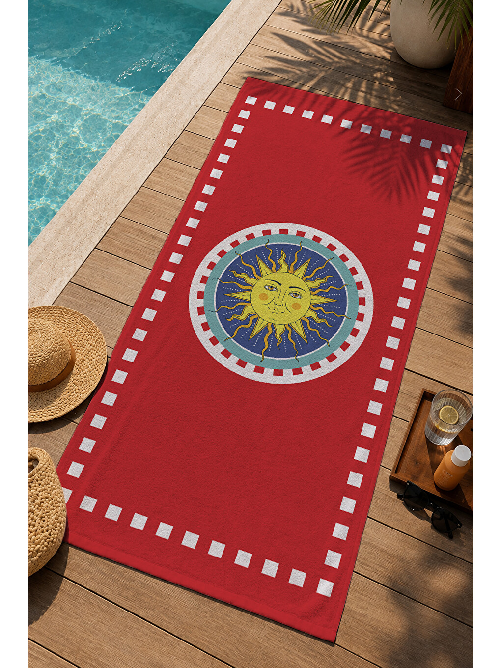 Kırmızı Beyaz Retro Güneş Amblem Desenli 70x150 Cm Dijital Baskılı Plaj Ve Banyo Havlusu-2