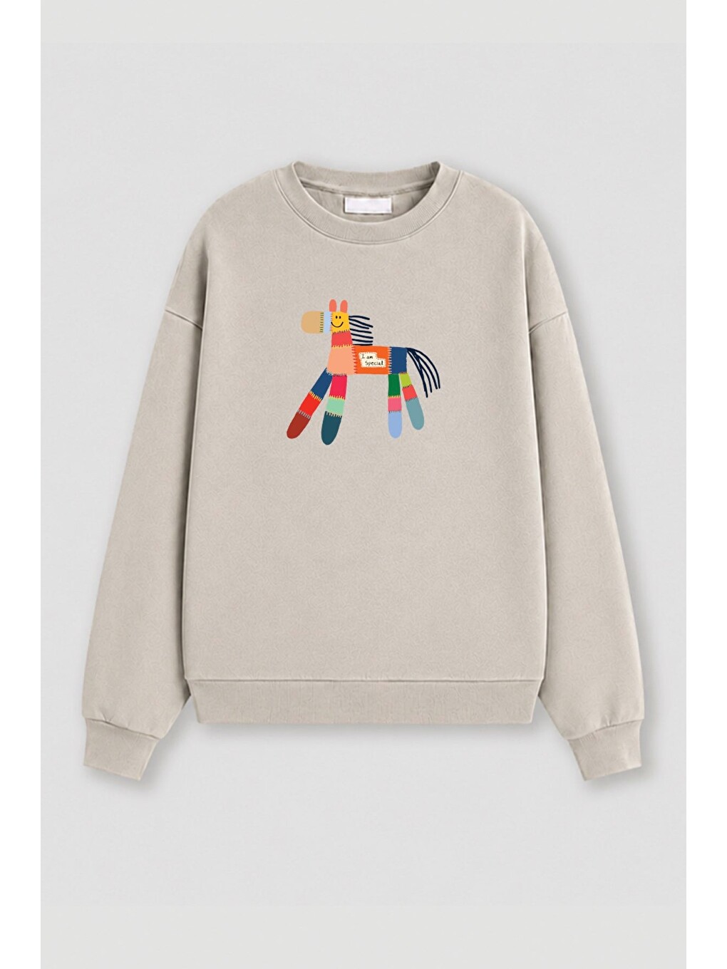Bej Kadın Premium Kumaş 3 İplik Şardonlu At Baskılı Sweatshirt-1