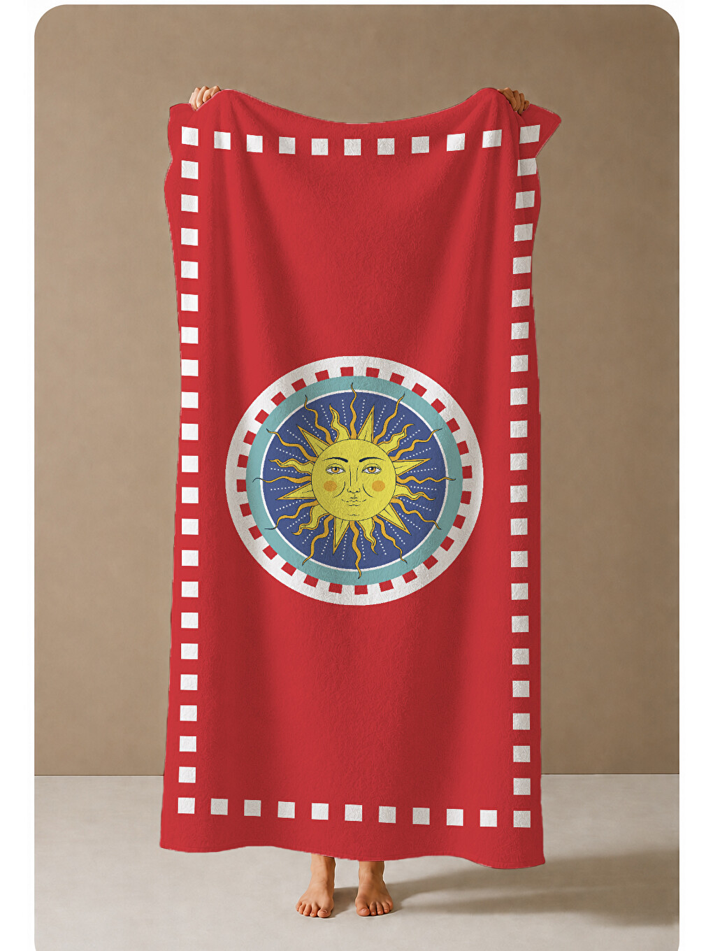Kırmızı Beyaz Retro Güneş Amblem Desenli 70x150 Cm Dijital Baskılı Plaj Ve Banyo Havlusu-3