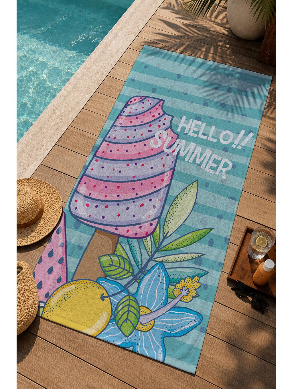 Turkuaz Surf Tahtası Ve Yaz Motifleri Desenli 70x150 Cm Dijital Baskılı Plaj Ve Banyo Havlusu-2