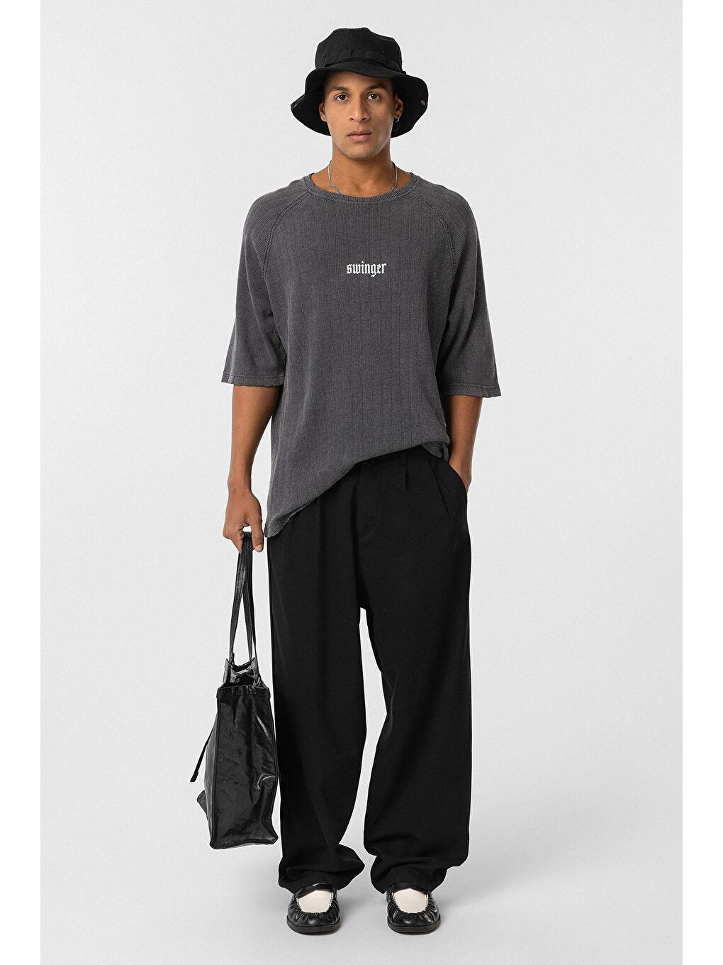 Yıkamalı Oversize Baskılı Triko Tişört Siyah