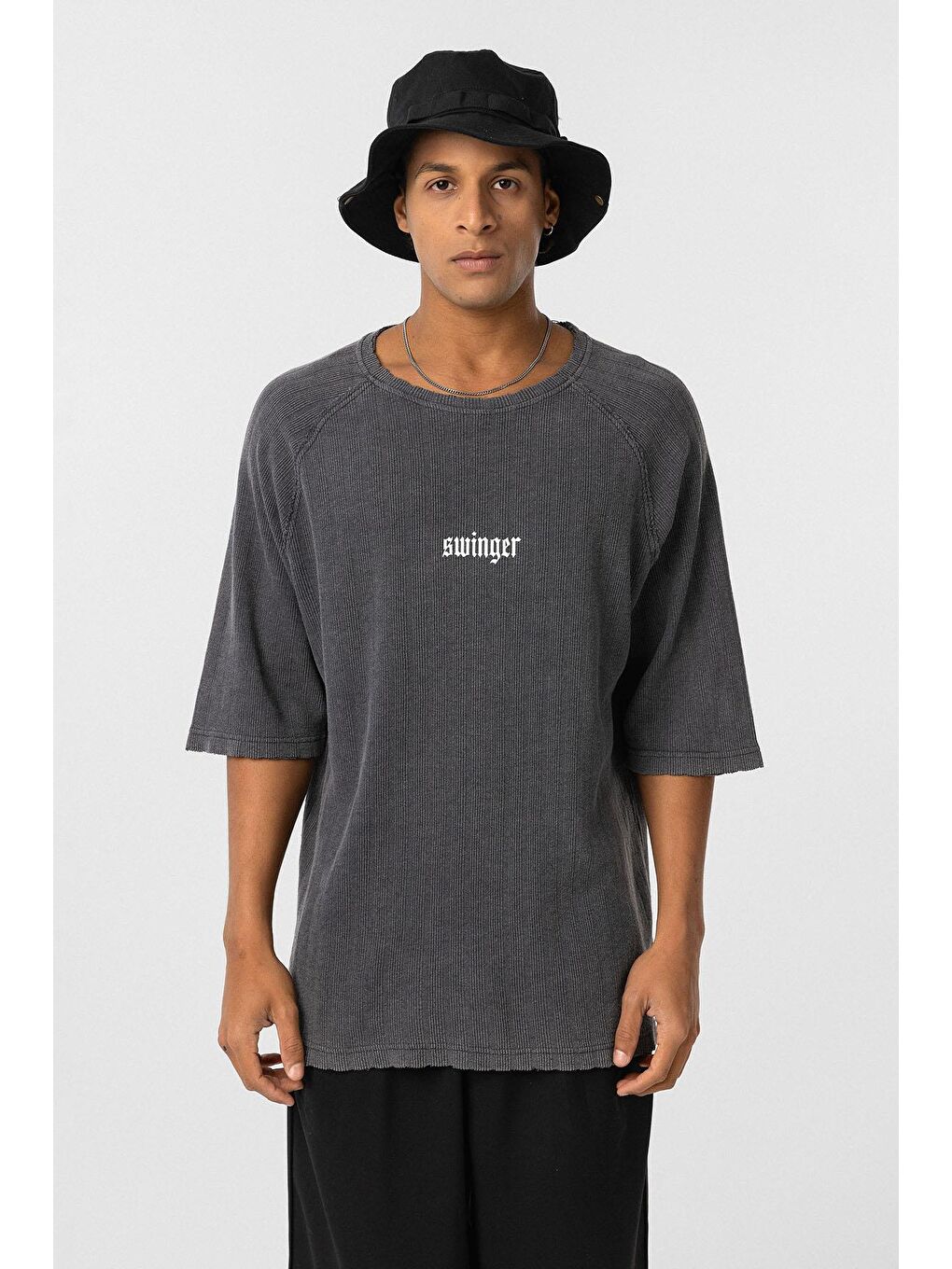 Yıkamalı Oversize Baskılı Triko Tişört Siyah-2