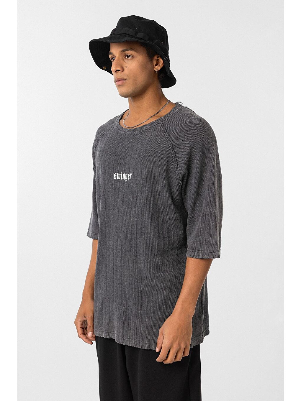 Yıkamalı Oversize Baskılı Triko Tişört Siyah-3