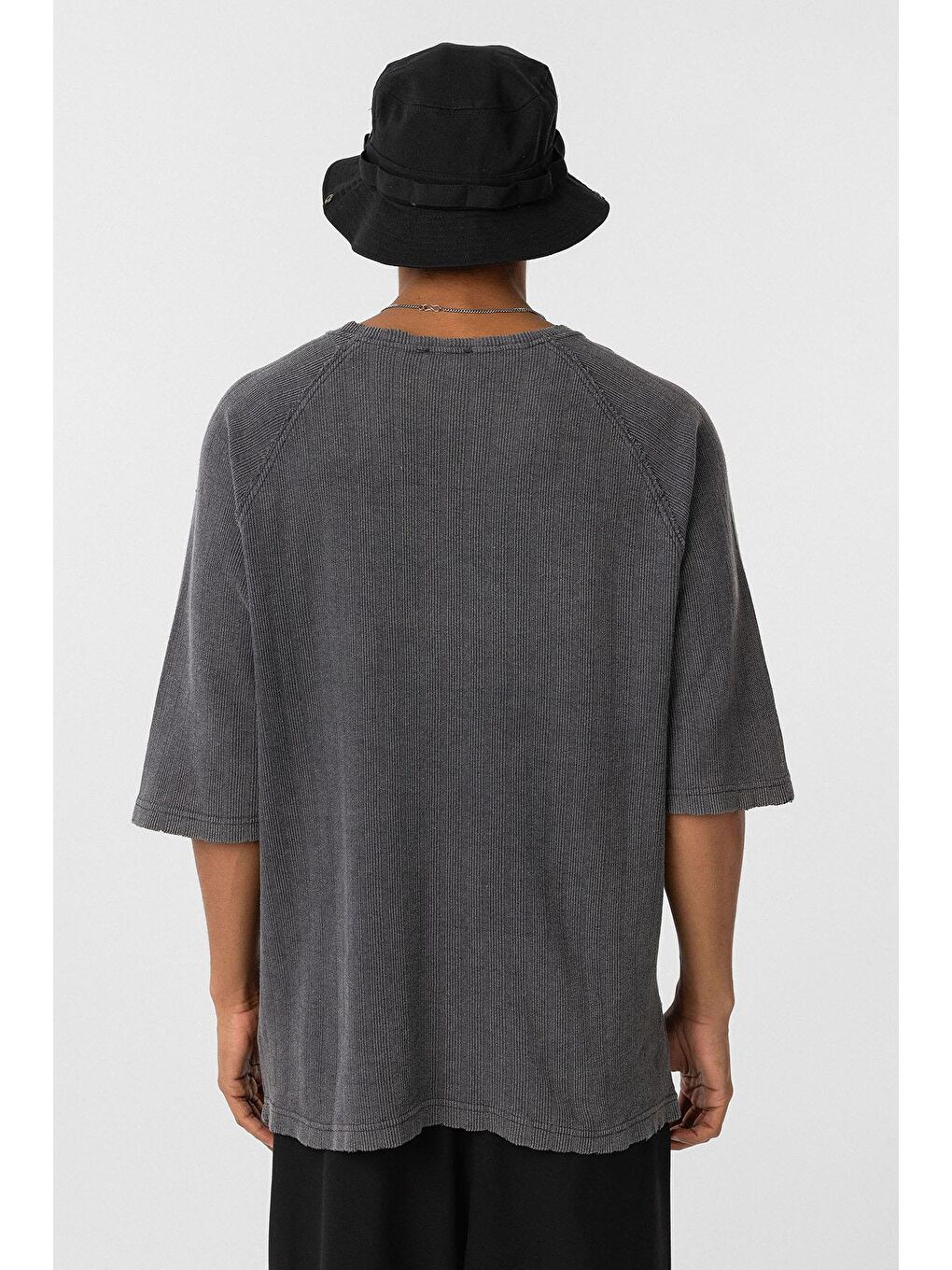 Yıkamalı Oversize Baskılı Triko Tişört Siyah-4