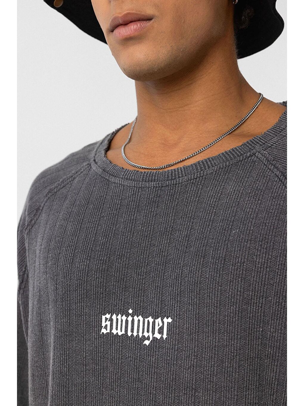 Yıkamalı Oversize Baskılı Triko Tişört Siyah-5