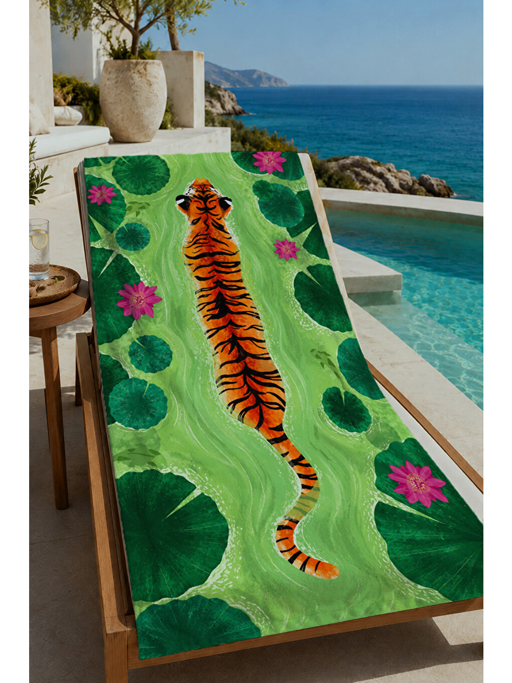 Yeşil Tropikal Yapraklı Kaplan Desenli 70x150 Cm Dijital Baskılı Plaj Ve Banyo Havlusu