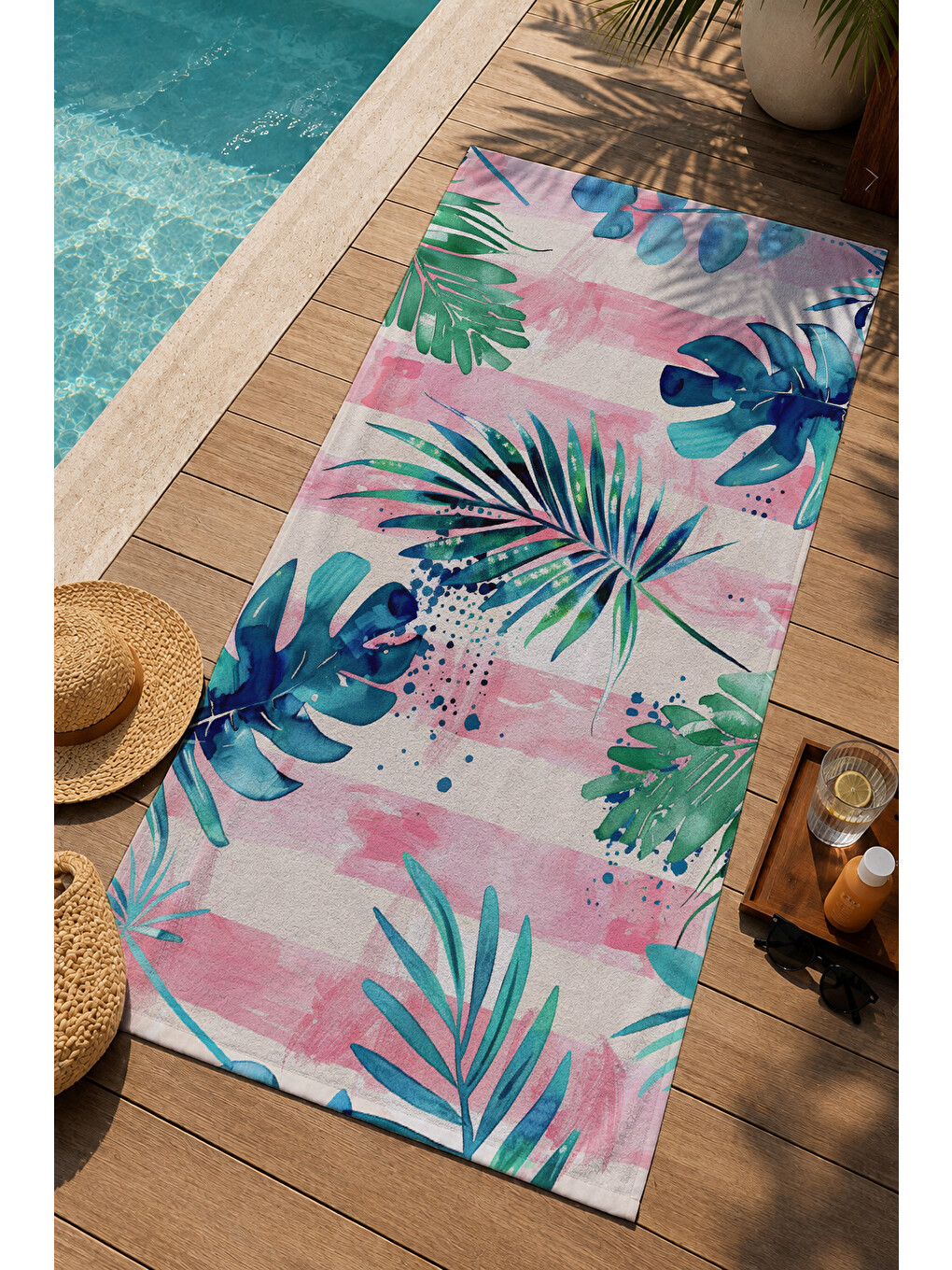 Pembe Tropikal Palmiye Yapraklı Desenli 70x150 Cm Dijital Baskılı Plaj Ve Banyo Havlusu-2
