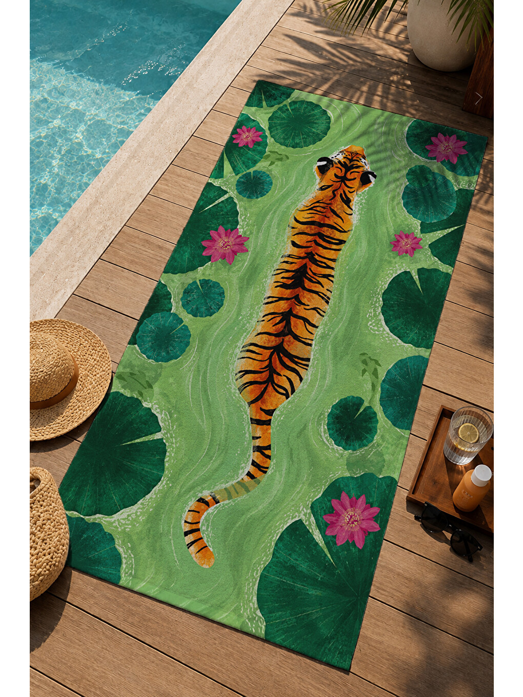 Yeşil Tropikal Yapraklı Kaplan Desenli 70x150 Cm Dijital Baskılı Plaj Ve Banyo Havlusu-2