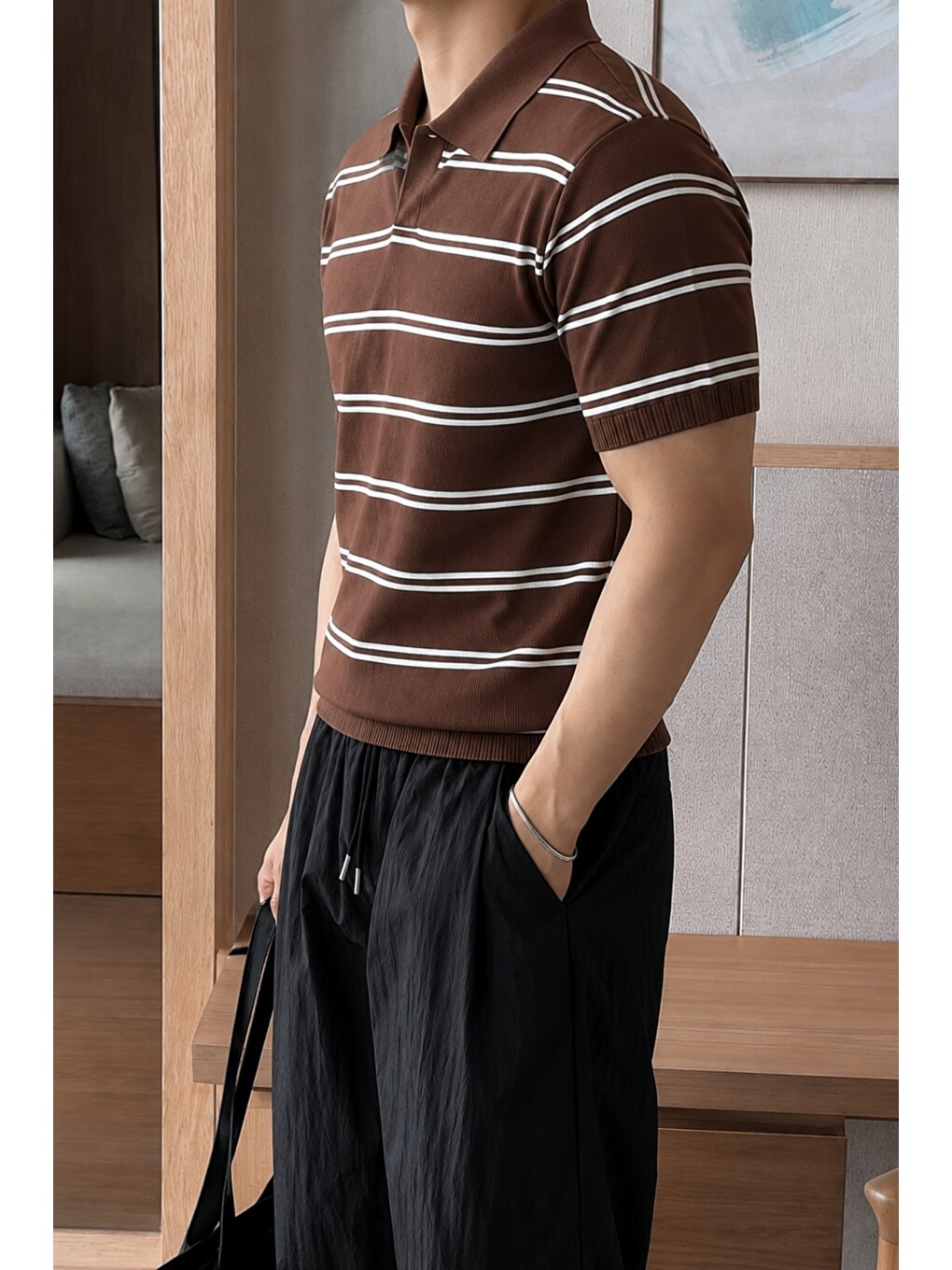 Kahverengi Erkek Çizgili Polo Yaka Viskon Triko Tişört – Slim Fit Yazlık Triko Polo-1