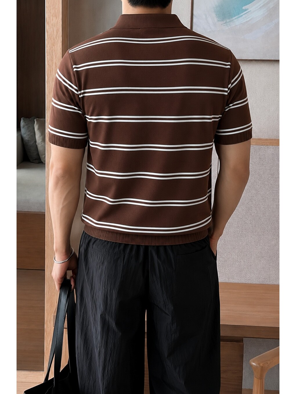 Kahverengi Erkek Çizgili Polo Yaka Viskon Triko Tişört – Slim Fit Yazlık Triko Polo-2