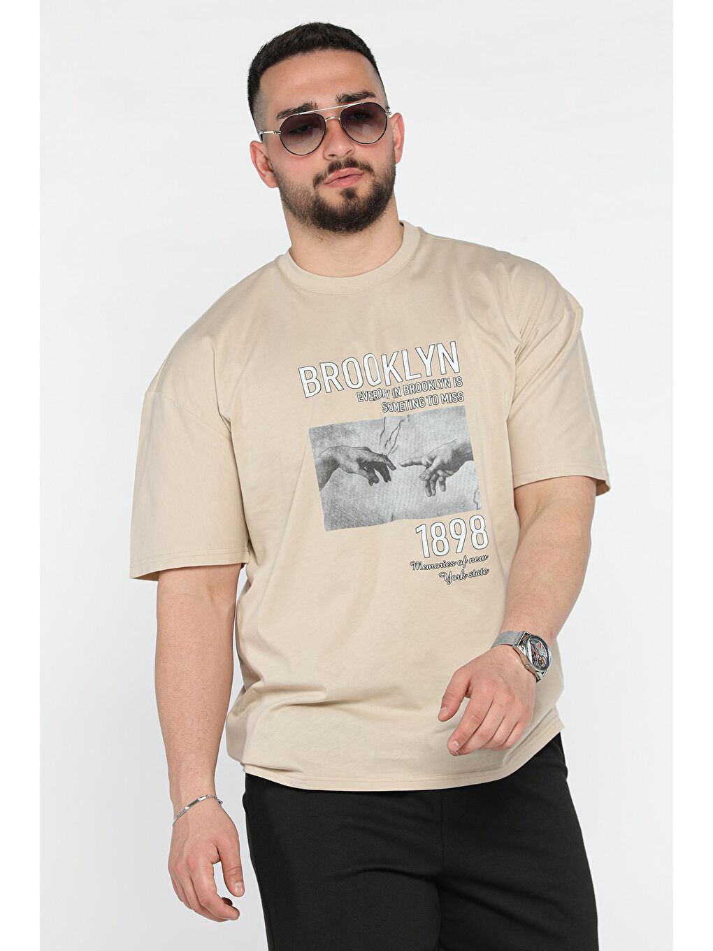 Bej Baskılı  Erkek Tişört-1