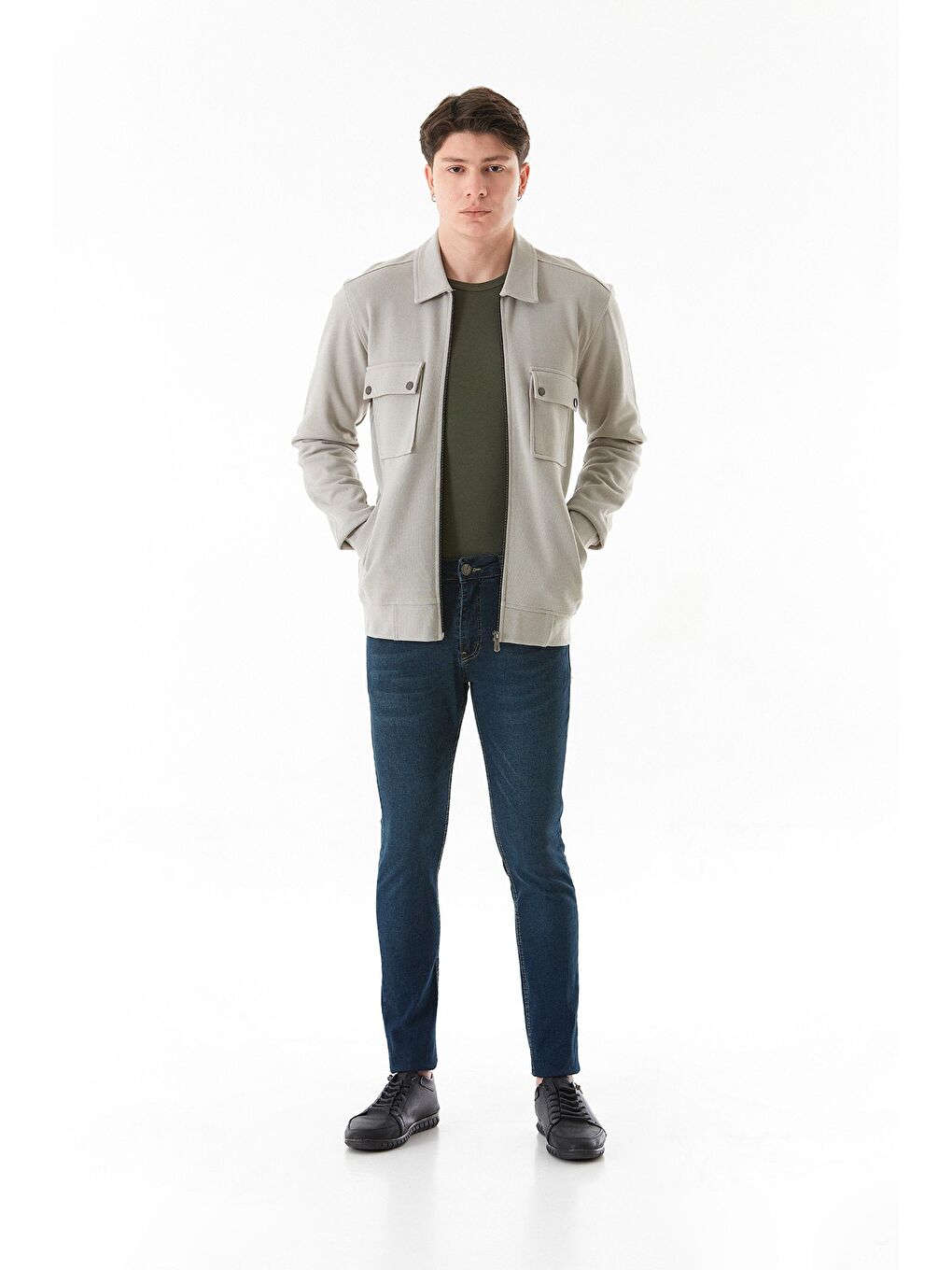 Gri Çift Cepli Fermuarlı Gömlek Yaka Mont-1