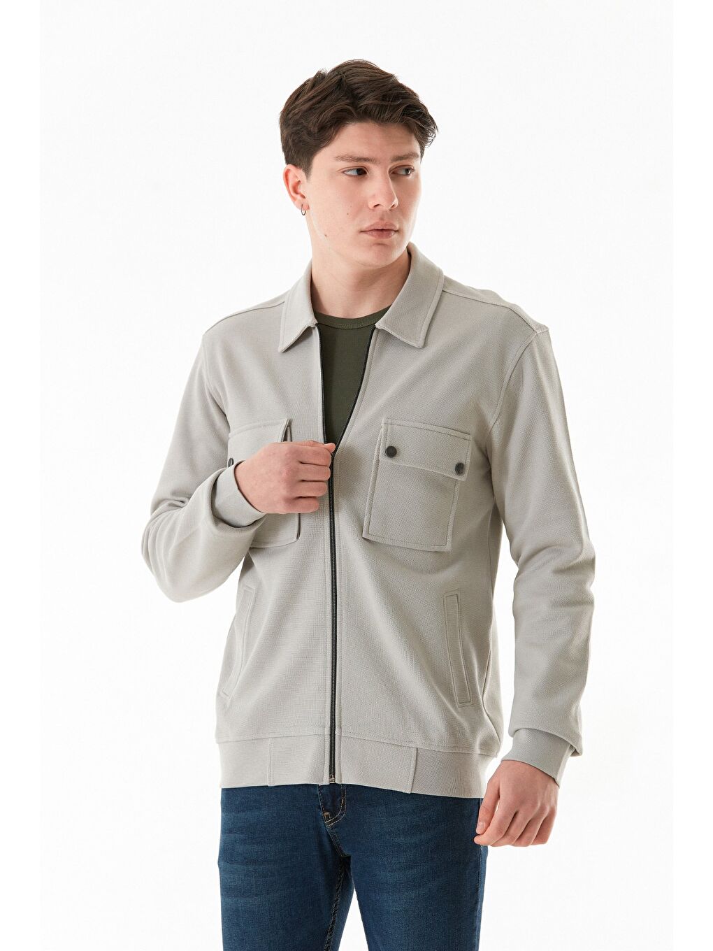 Gri Çift Cepli Fermuarlı Gömlek Yaka Mont-2