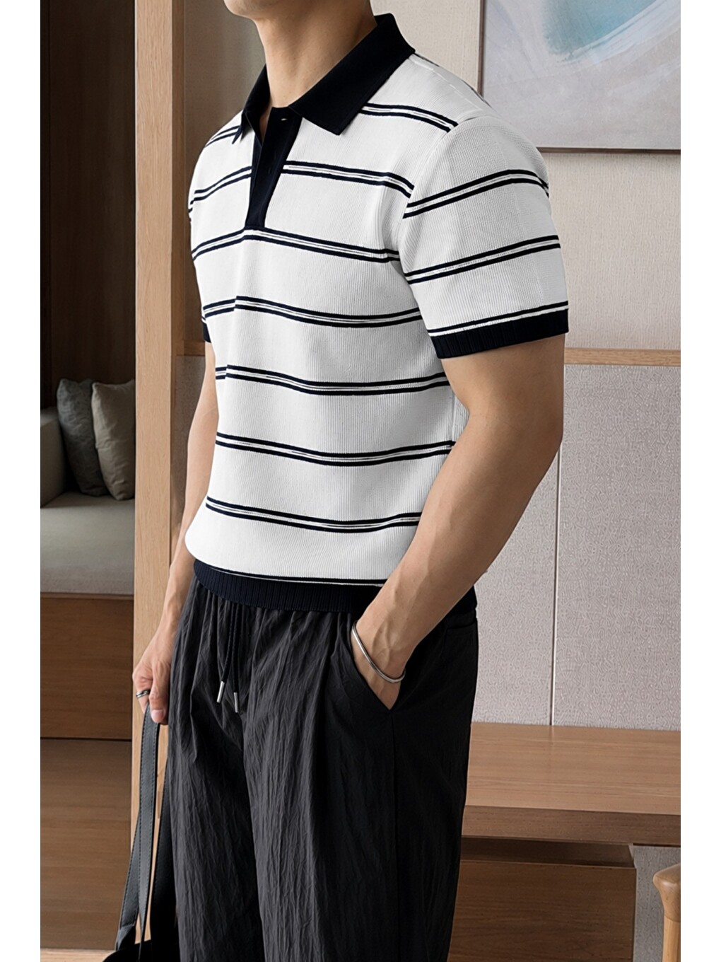 Beyaz Erkek Çizgili Polo Yaka Viskon Triko Tişört – Slim Fit Yazlık Triko Polo-1
