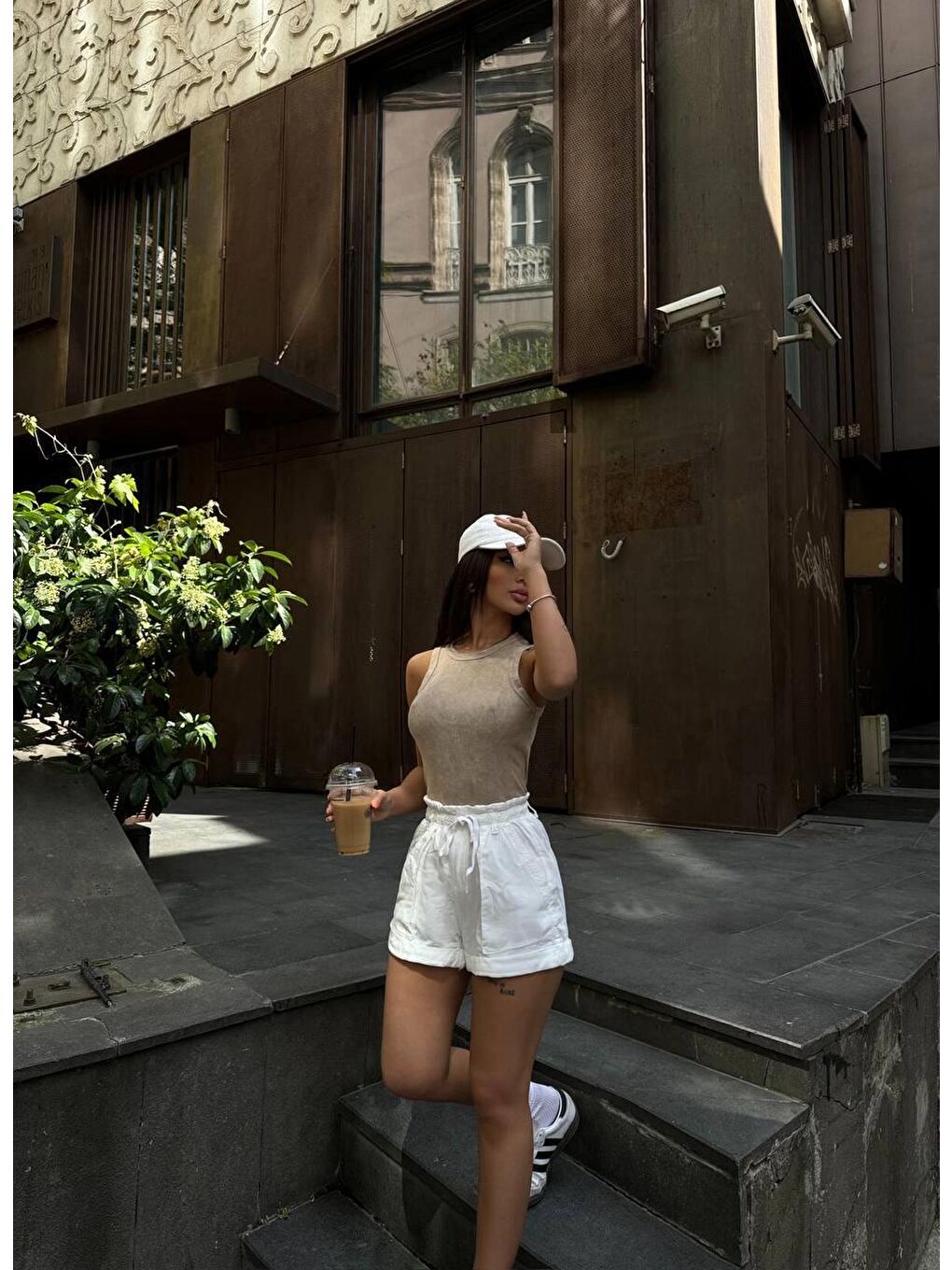 Kadın Bej Bisiklet Yaka Yıkama Efektli Fitilli Kaşkorse Atlet Tşhirt HZL24S-VL1241081-1