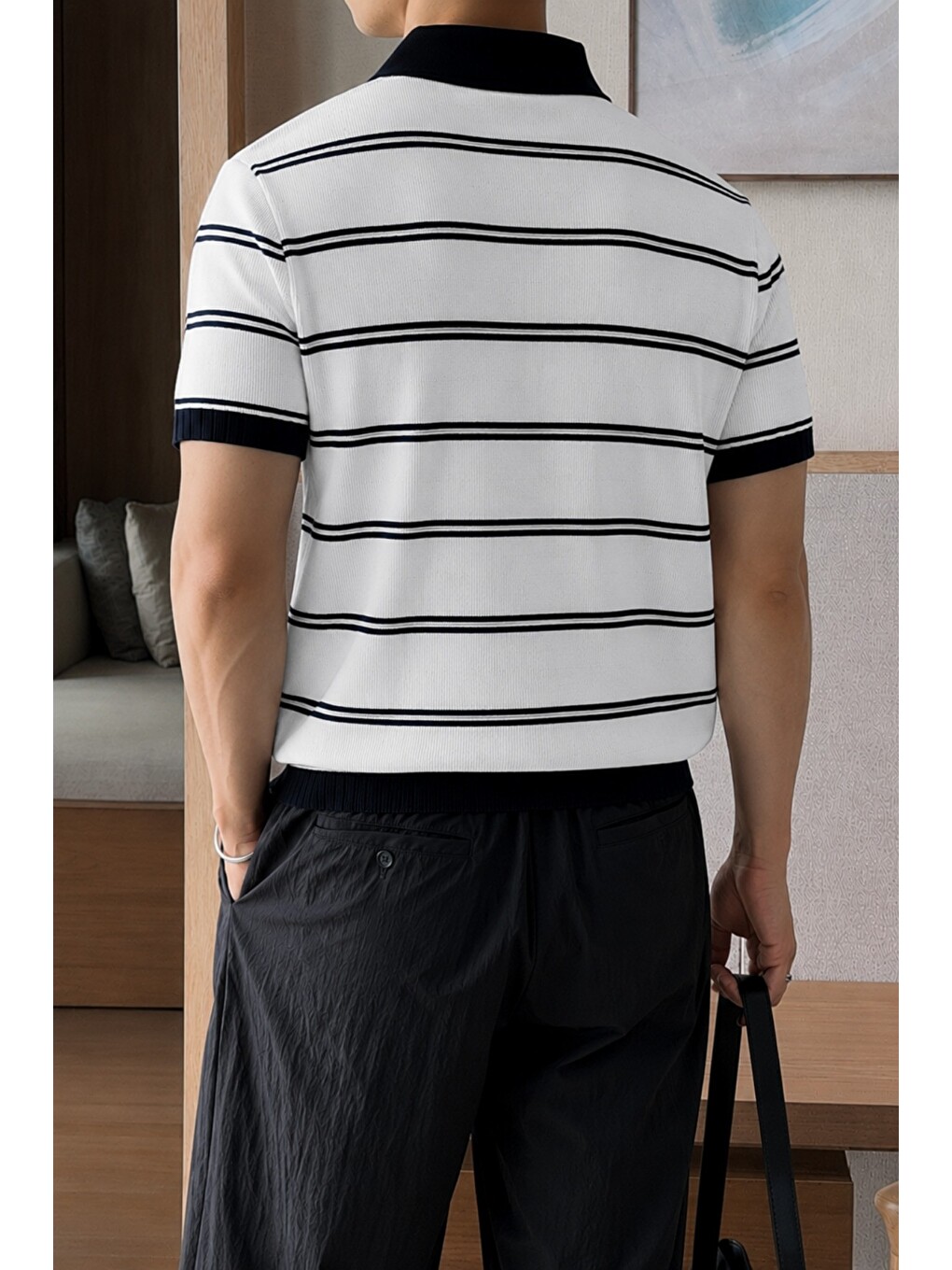Beyaz Erkek Çizgili Polo Yaka Viskon Triko Tişört – Slim Fit Yazlık Triko Polo-2