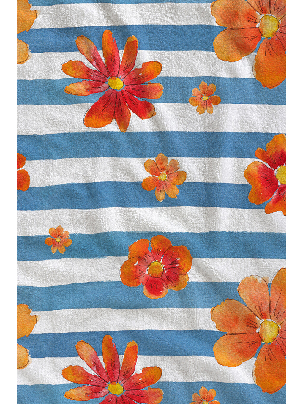 Milbay Grup Mavi Beyaz Çizgili Turuncu Yengeç Desenli 70x150 Cm Dijital Plaj Ve Banyo Havlusu-44-1