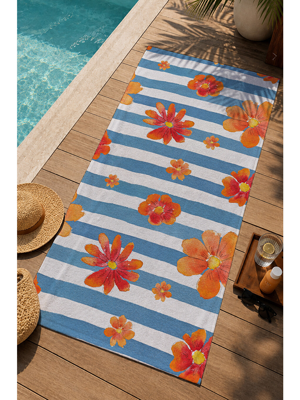 Milbay Grup Mavi Beyaz Çizgili Turuncu Yengeç Desenli 70x150 Cm Dijital Plaj Ve Banyo Havlusu-44-2