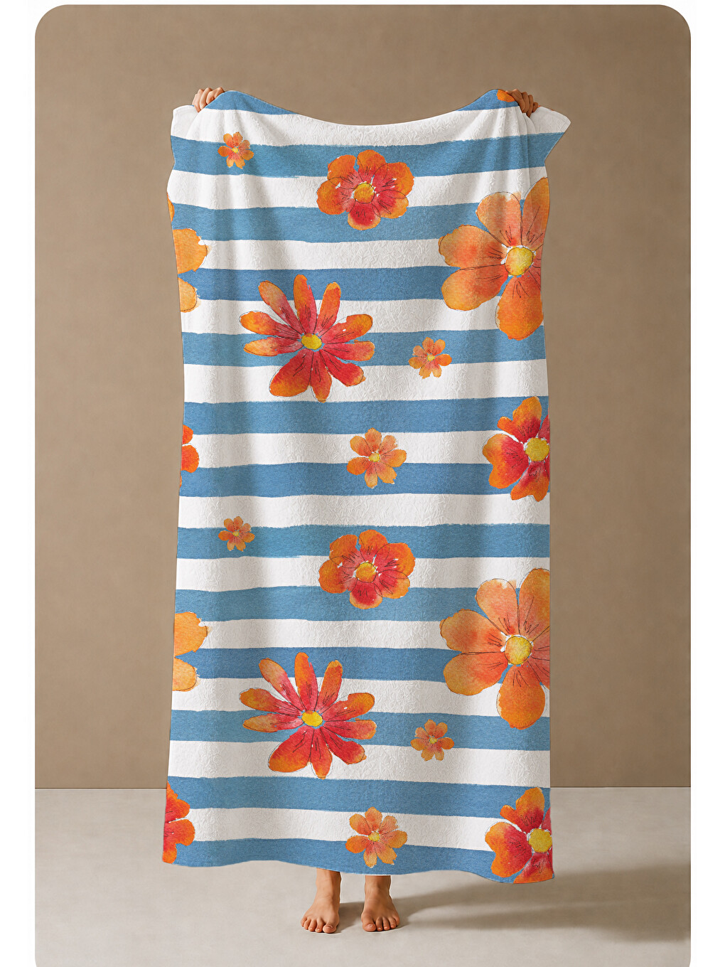 Milbay Grup Mavi Beyaz Çizgili Turuncu Yengeç Desenli 70x150 Cm Dijital Plaj Ve Banyo Havlusu-44-3