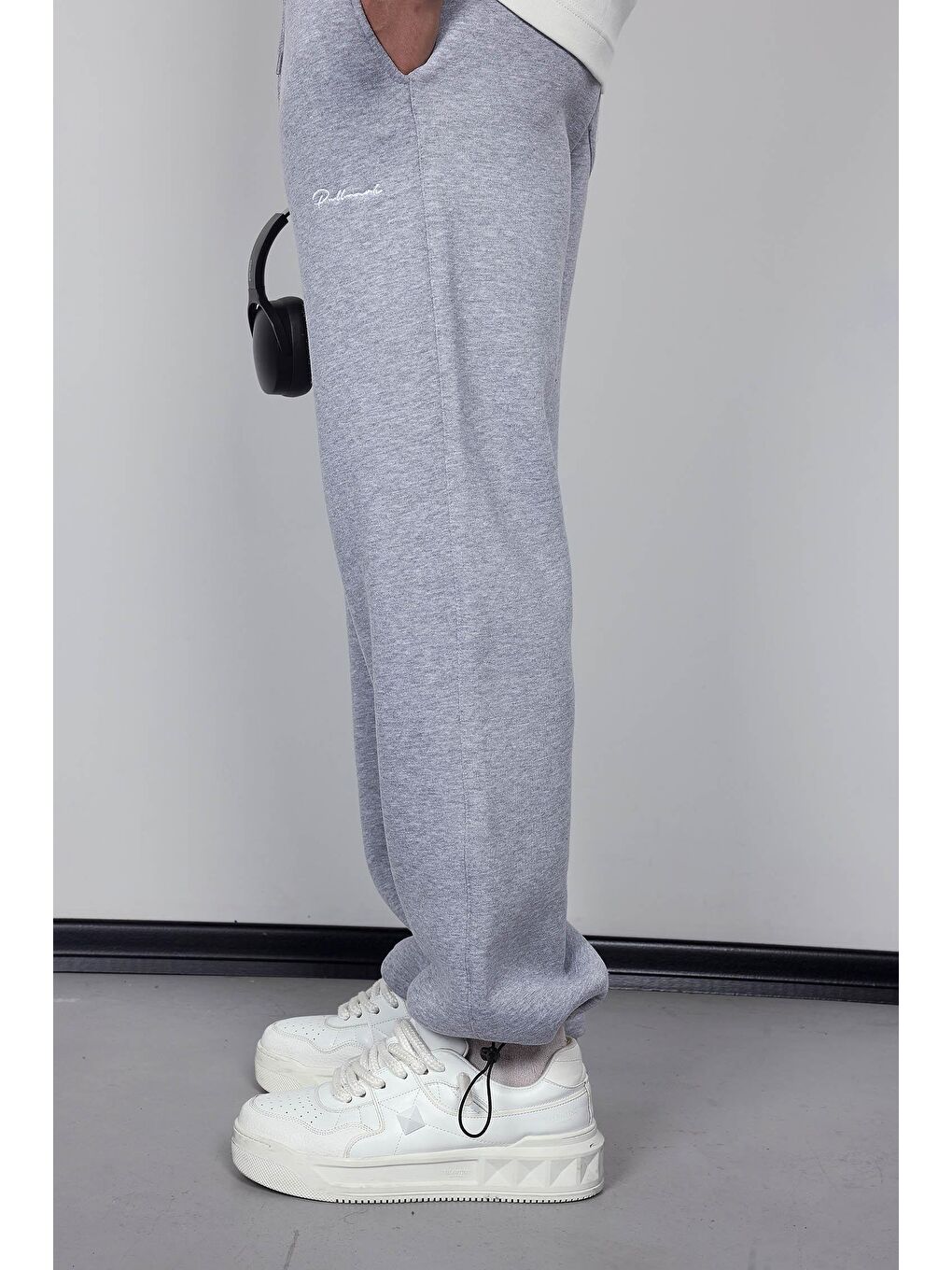 Erkek Ayarlanabilir Paça Lastikli Basic Baggy Fit Eşofman Gri-2