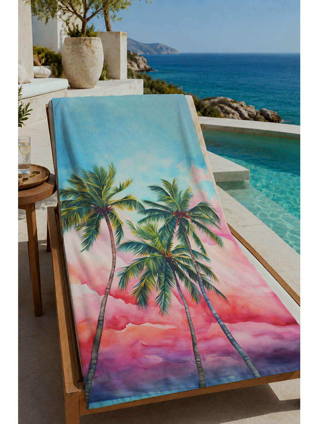 Mavi Pastel Batımı Palmiye Manzaralı 70x150 Cm Dijital Baskılı Plaj Ve Banyo Havlusu