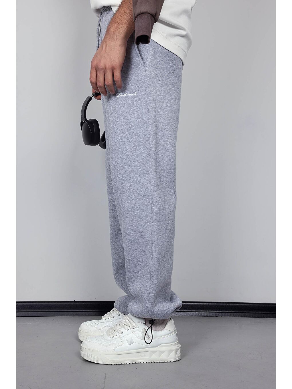 Erkek Ayarlanabilir Paça Lastikli Basic Baggy Fit Eşofman Gri-3