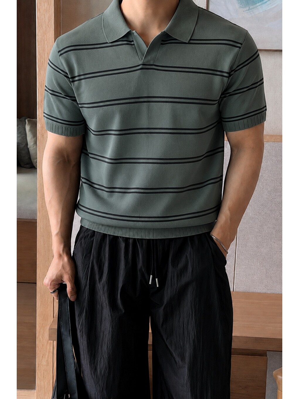 Haki Erkek Çizgili Polo Yaka Viskon Triko Tişört – Slim Fit Yazlık Triko Polo