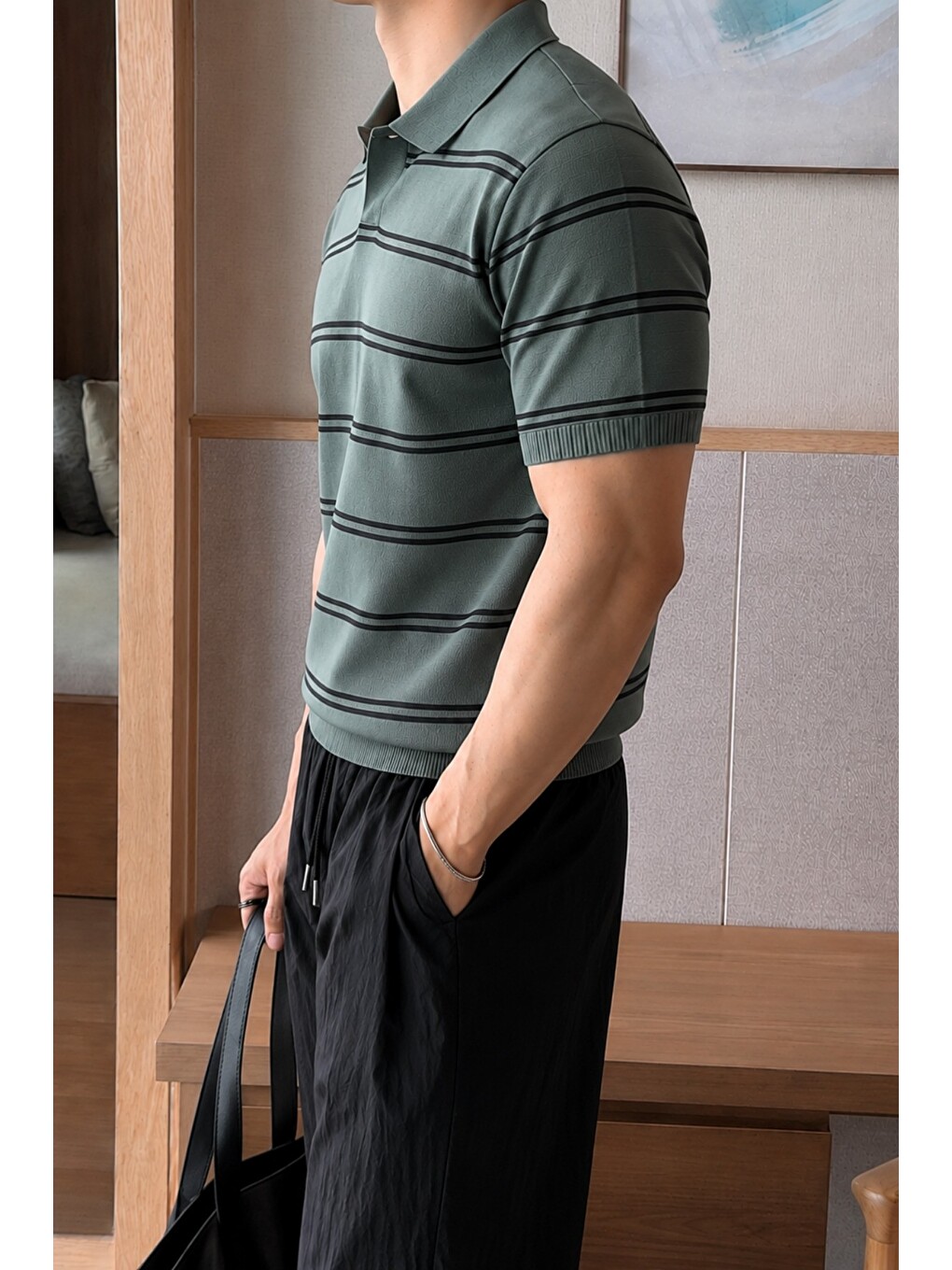 Haki Erkek Çizgili Polo Yaka Viskon Triko Tişört – Slim Fit Yazlık Triko Polo-1