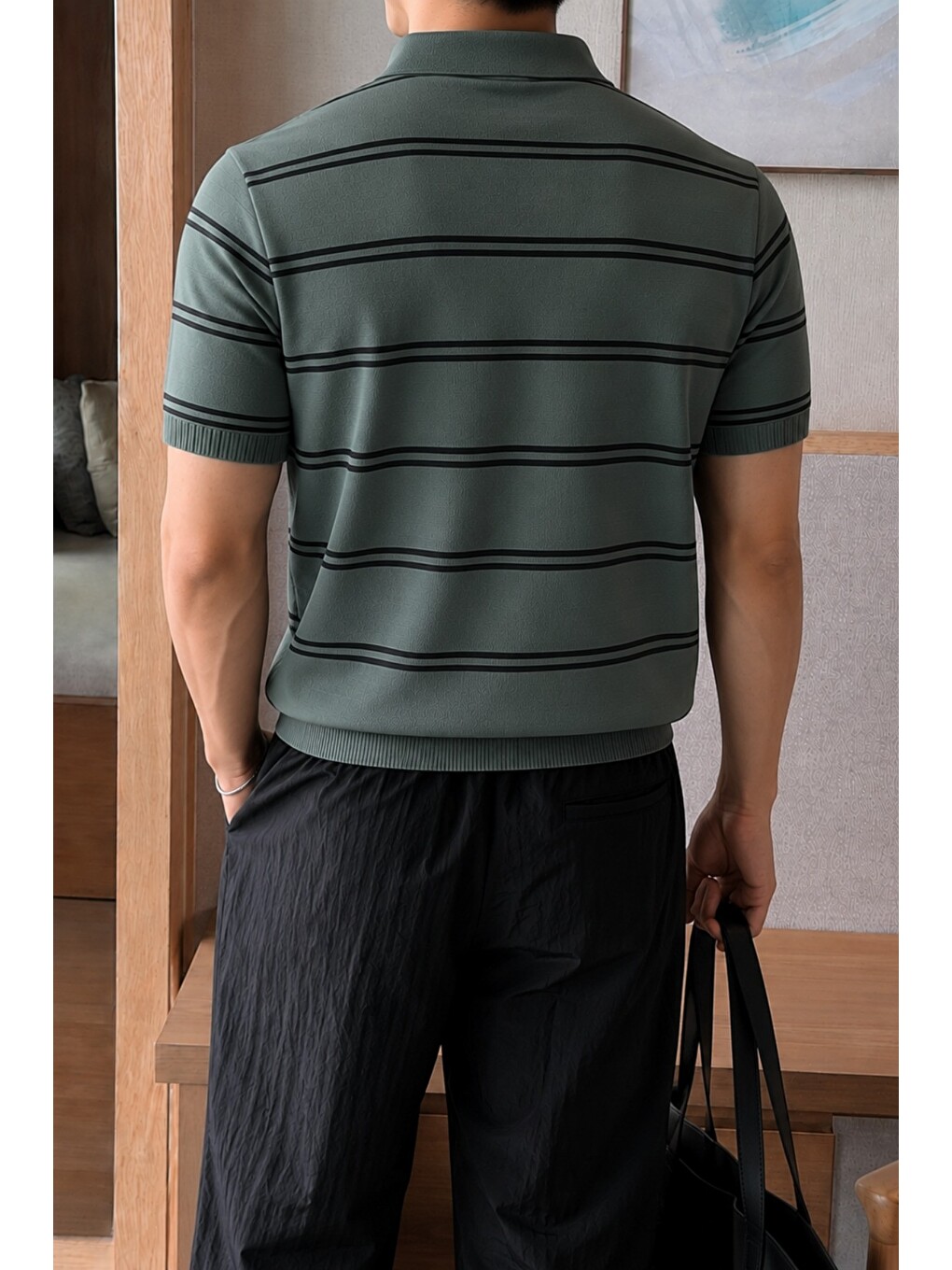 Haki Erkek Çizgili Polo Yaka Viskon Triko Tişört – Slim Fit Yazlık Triko Polo-2