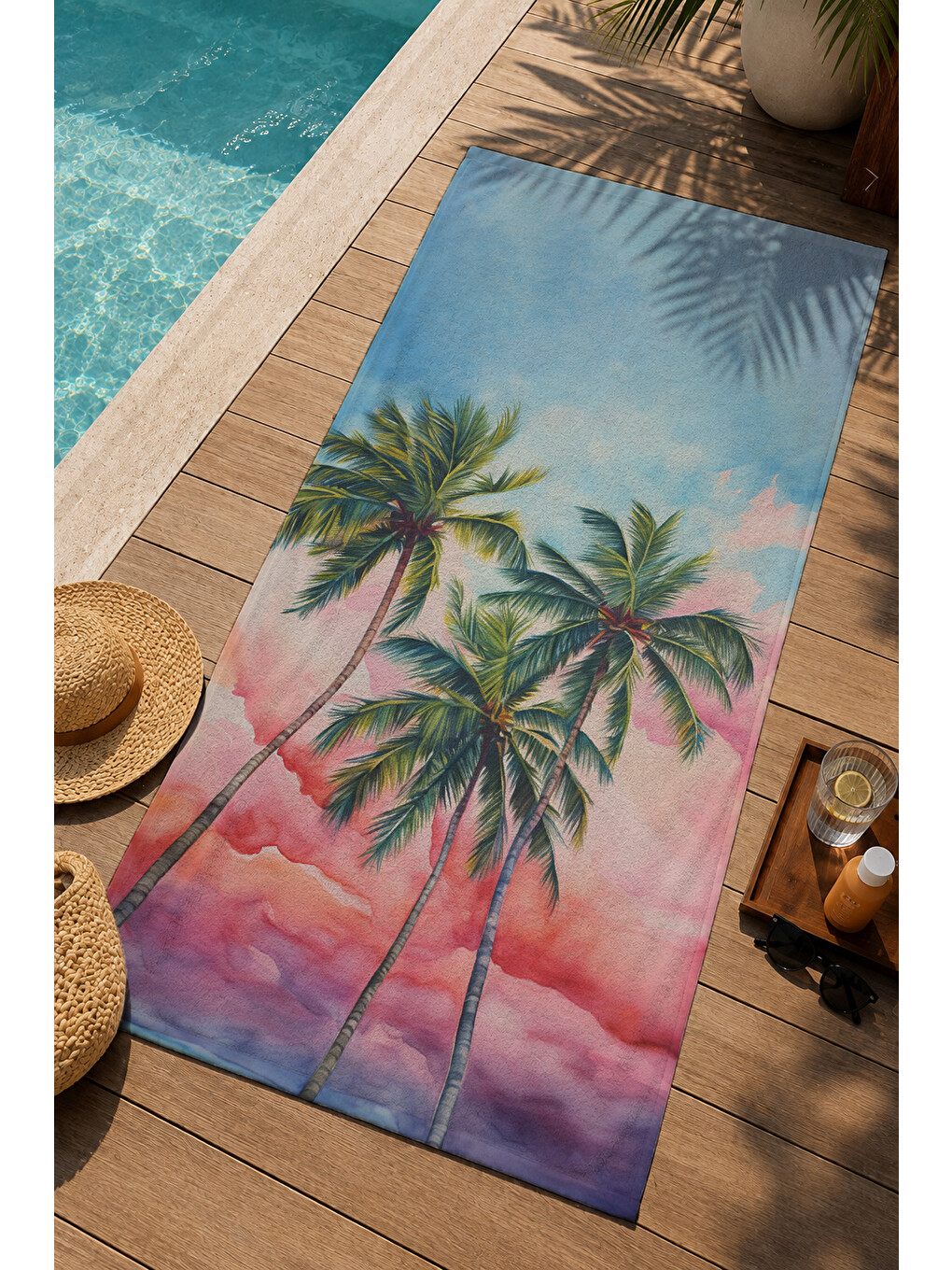 Mavi Pastel Batımı Palmiye Manzaralı 70x150 Cm Dijital Baskılı Plaj Ve Banyo Havlusu-2