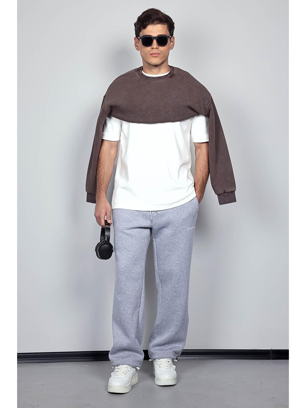 Erkek Ayarlanabilir Paça Lastikli Basic Baggy Fit Eşofman Gri-8