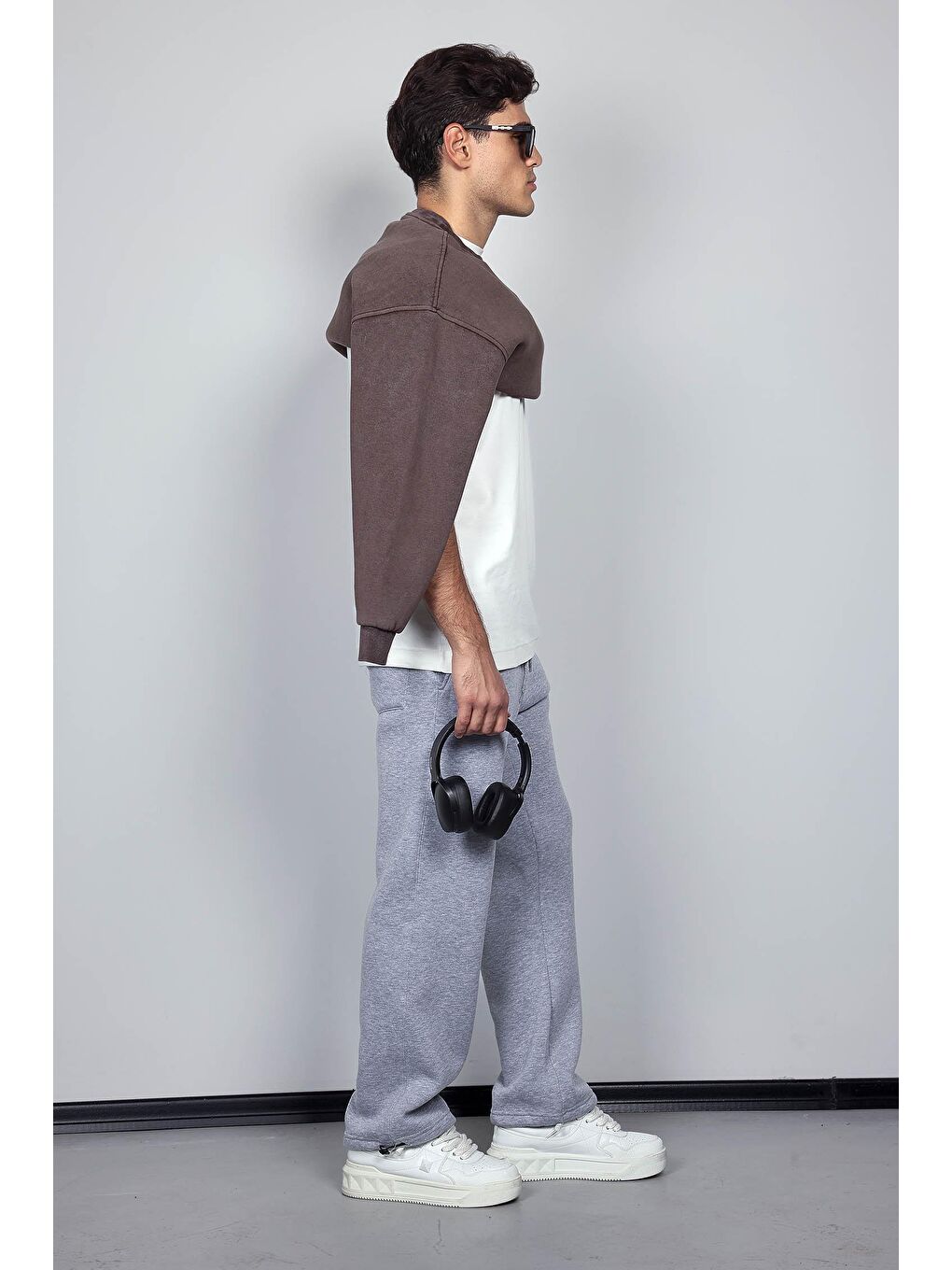 Erkek Ayarlanabilir Paça Lastikli Basic Baggy Fit Eşofman Gri-9