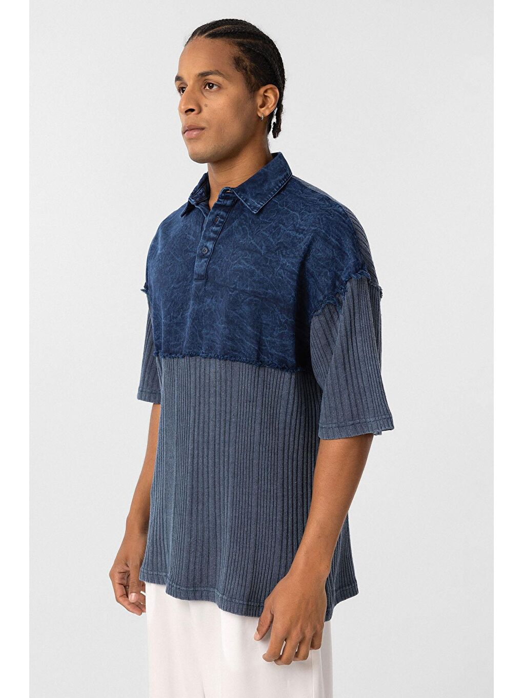 Yıkamalı Oversize Polo Yaka Tişört İndigo-3